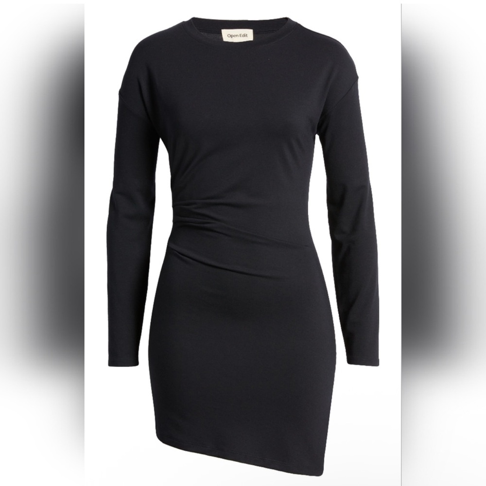 NWT Open Edit Gathered Long Sleeve Asymmetric Hem Mini Dress Black Stretch S